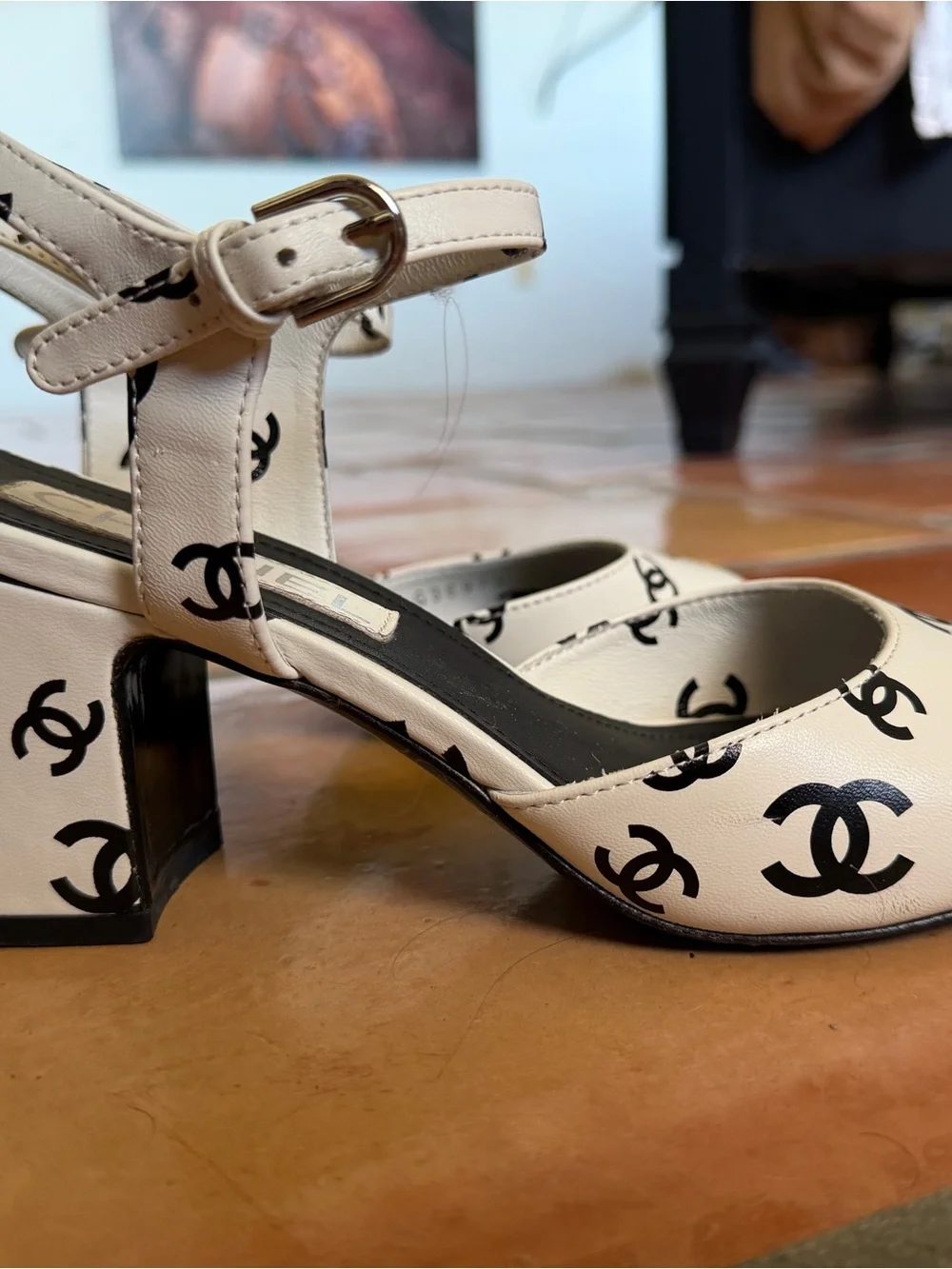 Coco Chanel White Logo Print Block Heel Sandals - Women